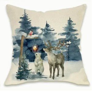 NEW CHRISTMAS WATERCOLOR TREE DEER/BUCK POLAR BEAR LINEN BLEND PILLOW COVER 18"